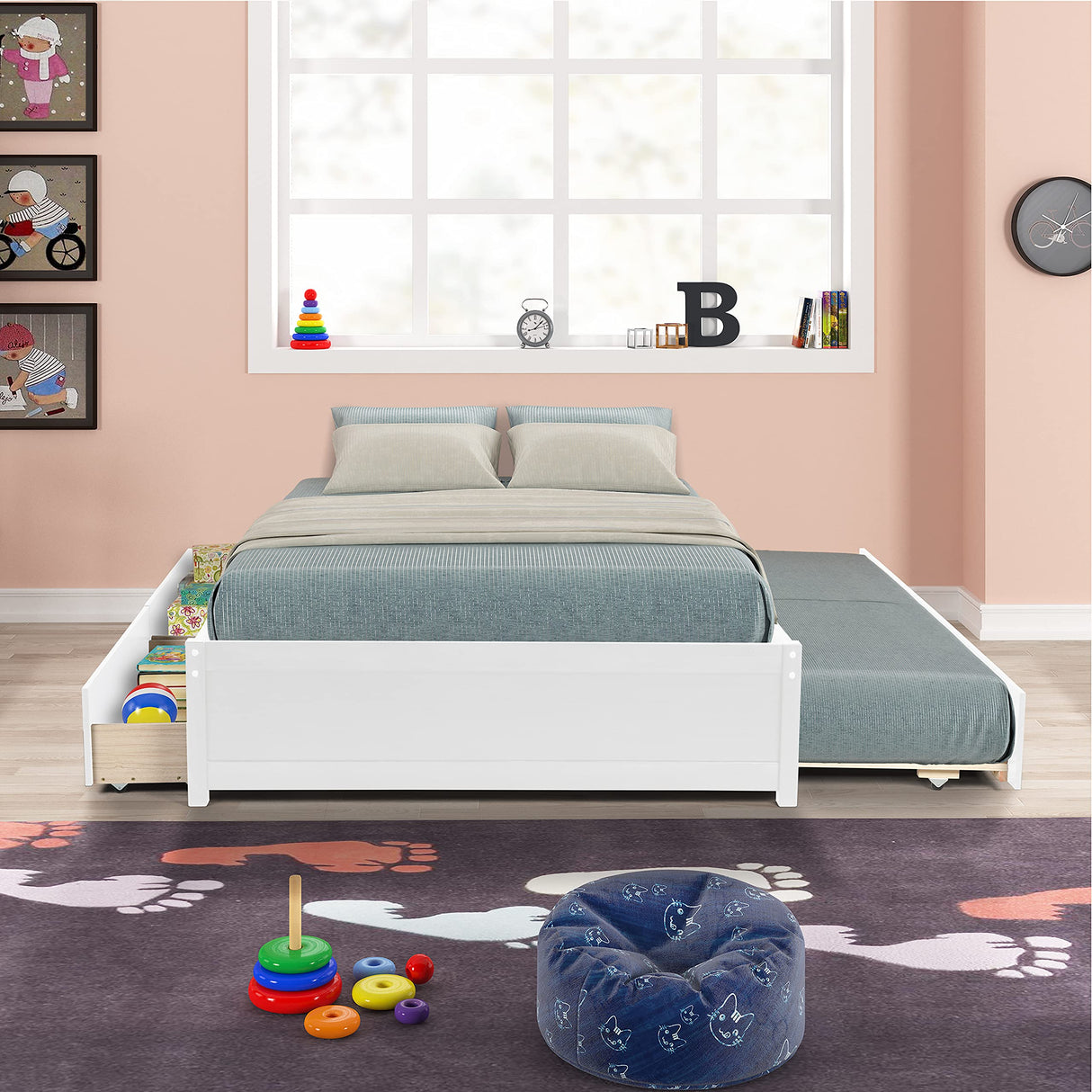 Harper & Bright Designs White Full Bed with Trundle and Storage Drawers – Solid Wood Platform Frame for Kids and Teens Harper & Bright Designs