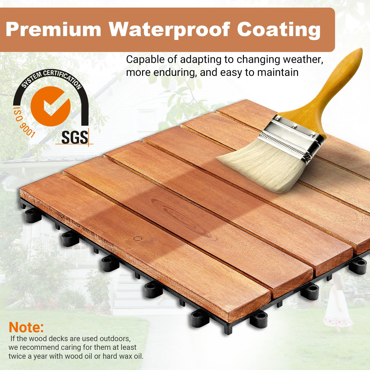 PrimeZone 27 PCS Solid Acacia Wood Interlocking Deck Tiles - 12" x 12" Waterproof Indoor Outdoor Patio Flooring Decking Tiles for Balcony, Backyard & Poolside, All Weather Use, Natural Wood PrimeZone