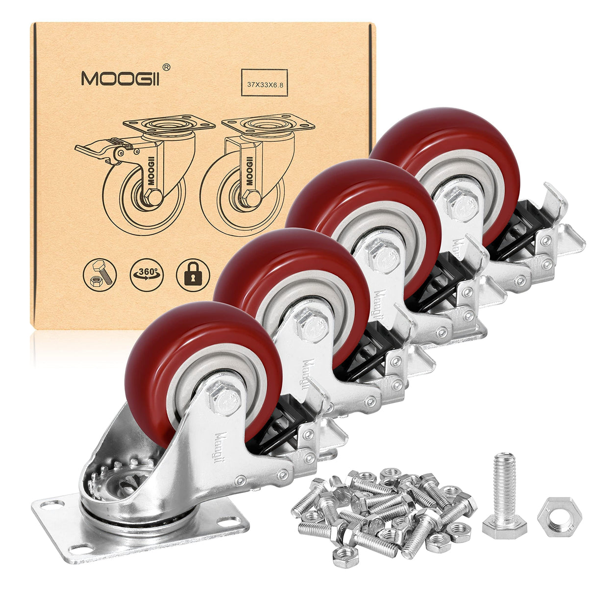 3 inch Heavy Duty Casters Load 1500lbs,Lockable Bearing Caster Wheels with Brakes,Swivel Casters for Furniture and Workbench,Set of 4 (Free Screws) Moogiitools