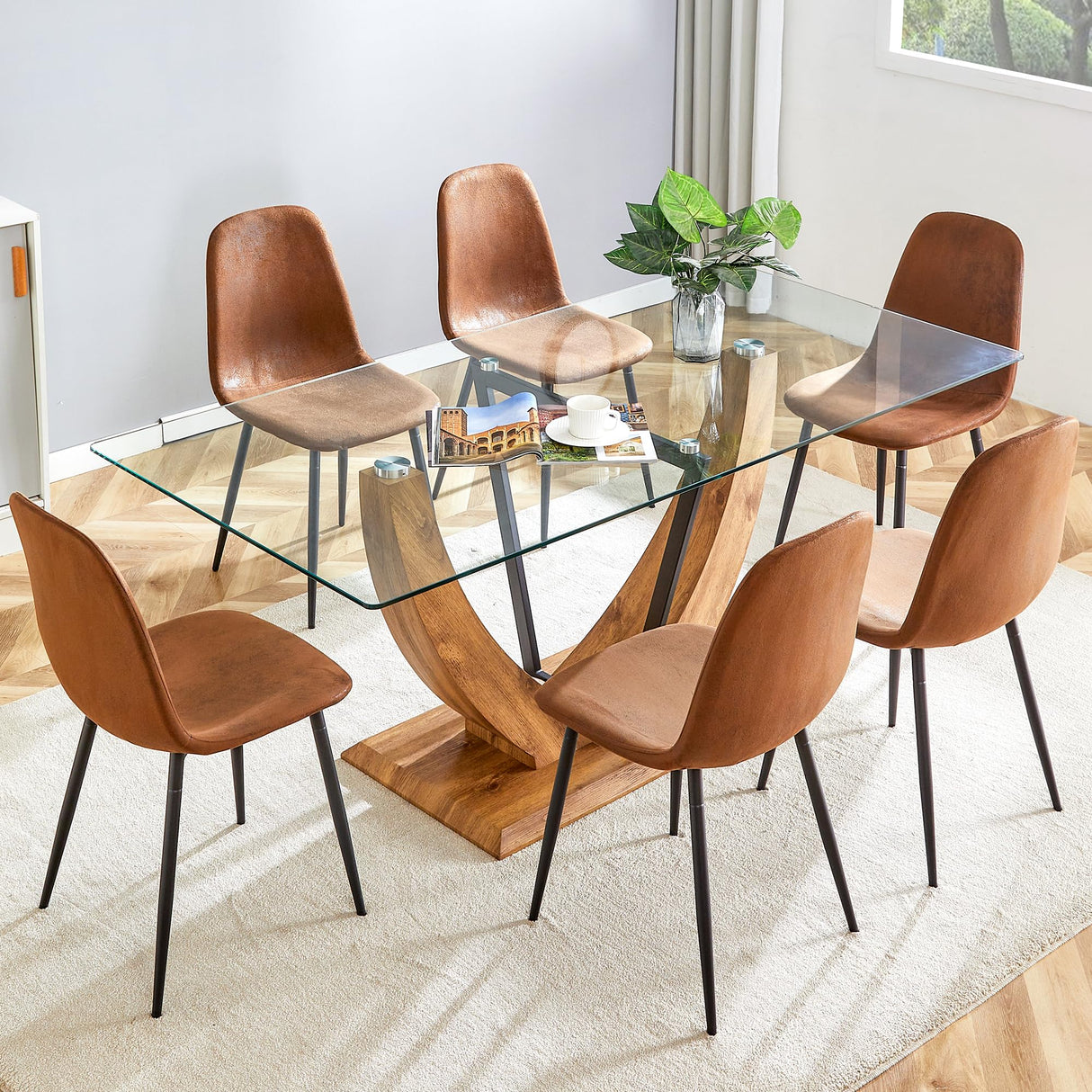 JEARGE 71" Glass Dining Table Set for 6, 7 Piece Dining Table Set,Tempered Glass Table Top with U-Shaped Legs and Fabric Dining Chairs,Ideal for Kitchens, Living Rooms JEARGE