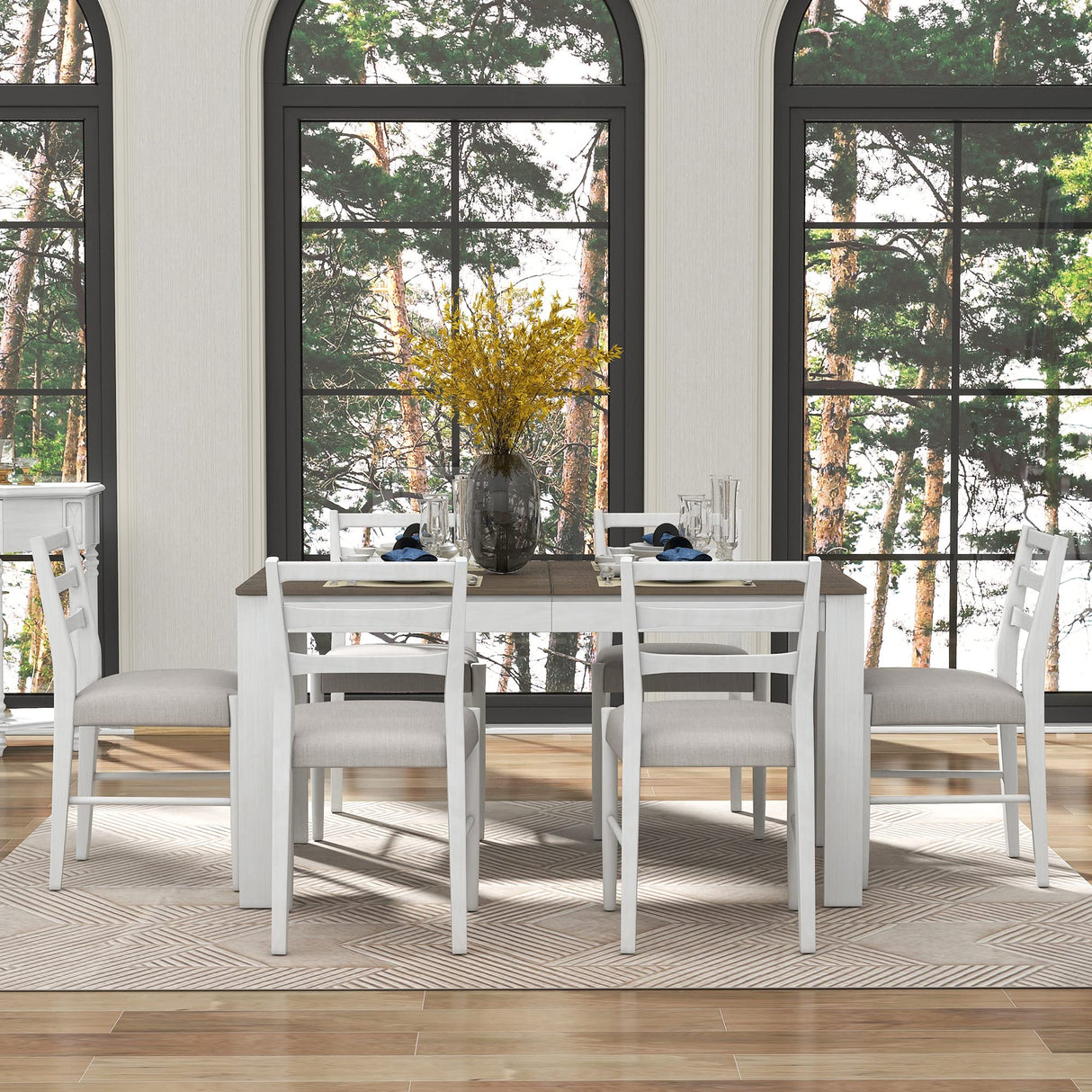 Harper & Bright Designs TREXM 7-Piece Wooden Dining Table Set Mutifunctional Extendable Table with 12¡± Leaf and 2 Drawers, 6 Dining Chairs with Soft Cushion (Brown + White) Harper & Bright Designs