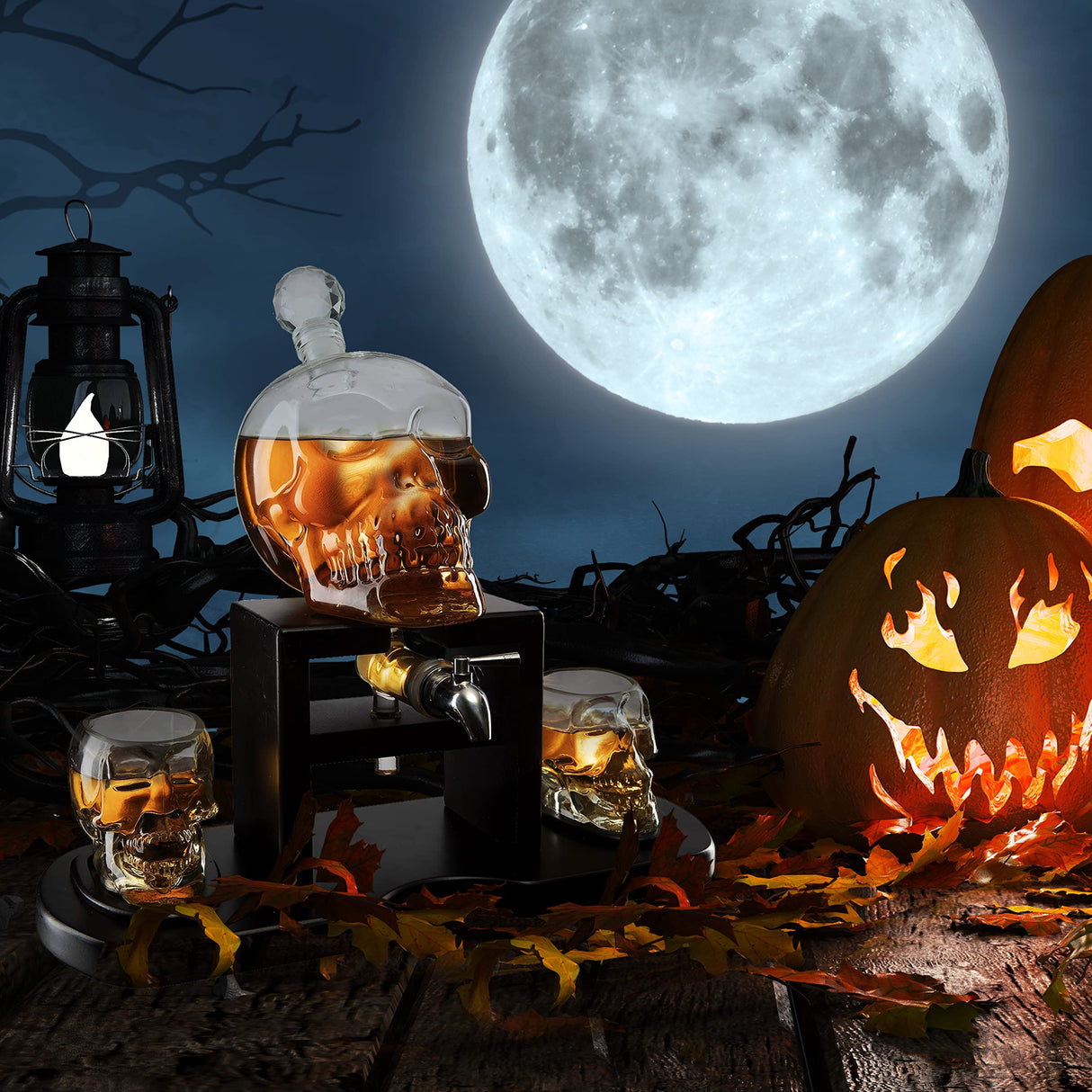 Skull Skeleton Wine & Whiskey Decanter Set 750 mL With 2 Skull 3oz Skeletons Shot Glasses + Mahogany Wooden Base & Pouring Spigot Decor Glass, Goth Spooky Drinking Glassware The Wine Savant The Wine Savant