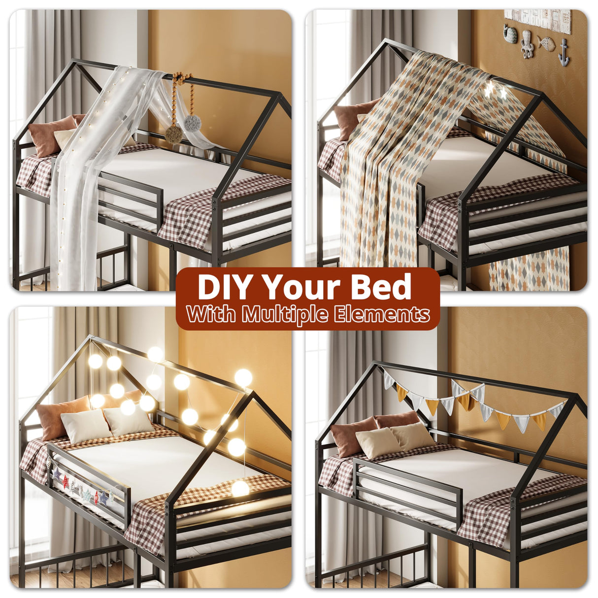 LIKIMIO Bunk Bed Twin XL Over Twin XL, Metal Bunk Bed Frame with Ladder and Guardrail, House Shaped with Metal Slats for Dormitory and Bedroom, Space Saving, No Box Spring Needed, Black LIKIMIO