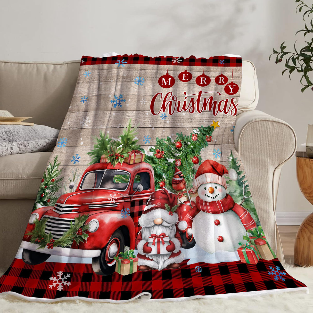 Christmas Blanket, Snowman Blanket for Women, Red Truck Soft Flannel Fleece Throw Blankets for Kids Girls Bed Living Room Couch, 50x60 Inches, Red Holiday Winter Gifts for Boys Men Unibyby