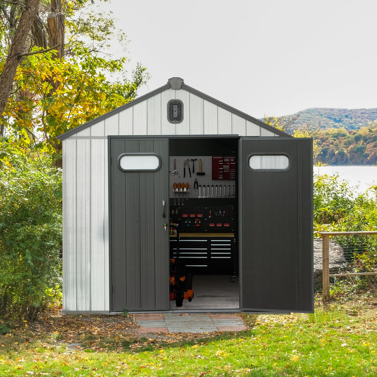 Domi 8x8 FT Outdoor Resin Storage Shed, All-Weather Double-Wall Storage Building for Backyard, Garden, Lawn Tools, Mower, Bike & Pool Equipment, Lockable Doors, Ventilated Roof, Grey domi outdoor living