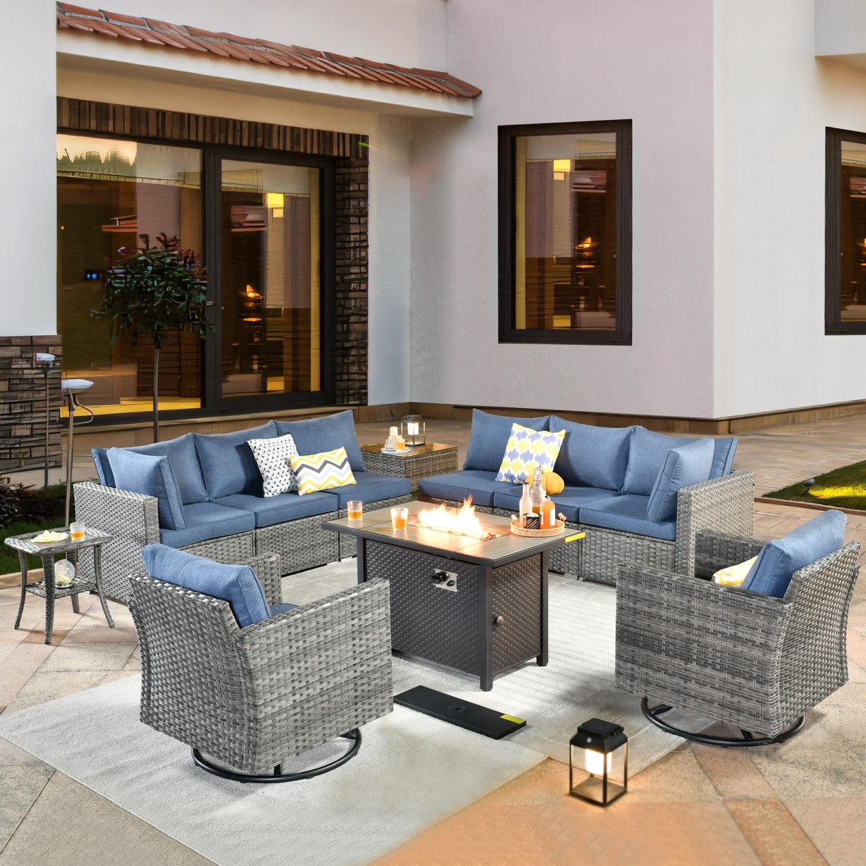 ovios 11 Piece Outdoor Patio Furniture Set with Fire Pit Table,Conversation Sectional Wicker Couch with Swivel Chairs,Modern Outside Sofa for Balcony Backyard (Blue) ovios