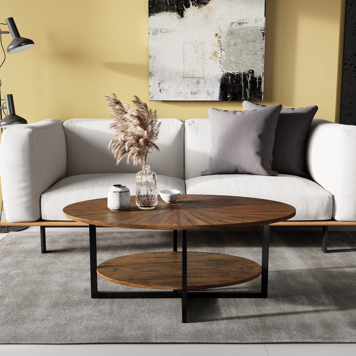 JESONVID Solid Wood Oval Coffee Table with Cross Metal Legs, 43.3in Mo ...