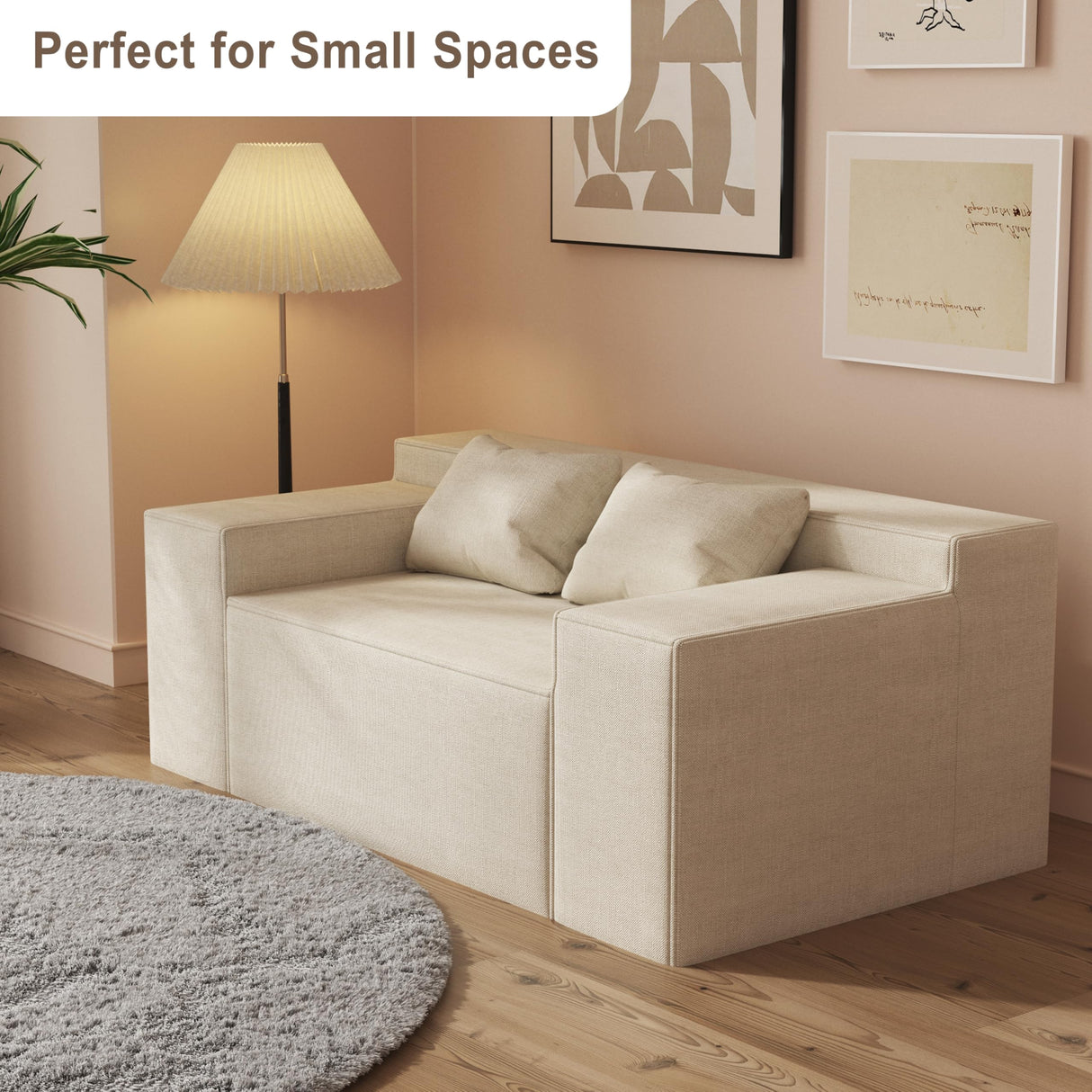 Small Modern Loveseat Sofa, Hybrid Sofa Couch in a Box, No Assembly Needed, Sleeper Sofa with 2 Pillows, Cat-Scratch Resistant Linen,Small Sofa for for Small Space, Living Room, Bedroom,Beige PurrJoys
