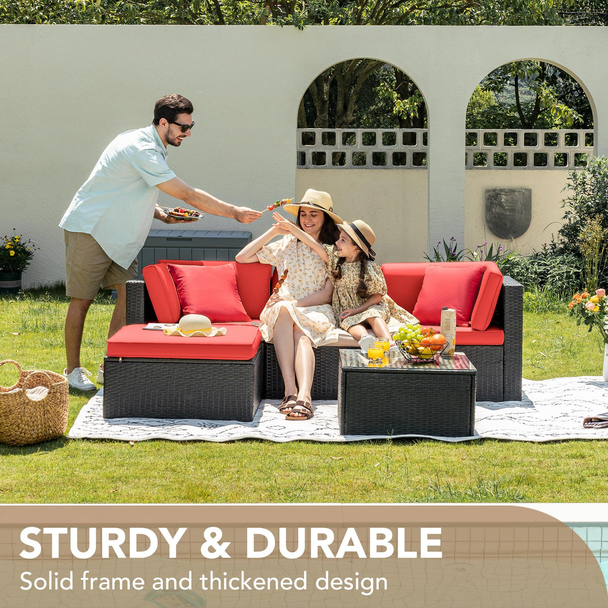 Devoko 5 Pieces Patio Furniture Sets All Weathevr Outdoor Sectional Patio Sofa Manual Weaving Wicker Rattan Patio Seating Sofas with Cushion and Glass Table (Red) Devoko