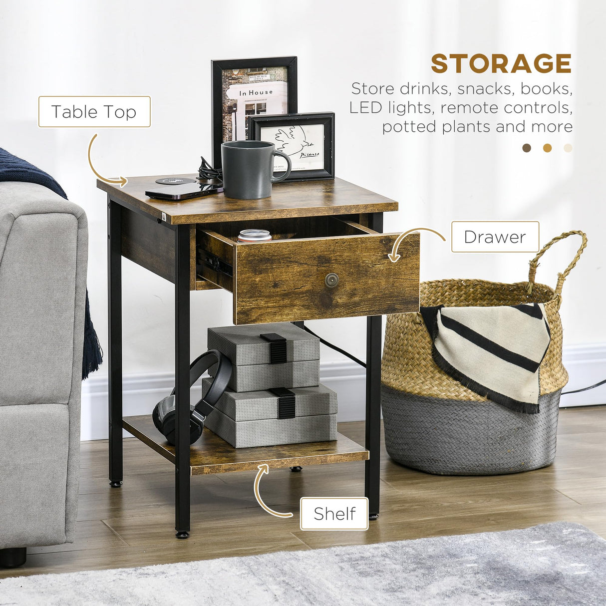 HOMCOM End Table with Wireless Charging Station and 2 USB Ports, Small Side Table with 2-Tier Storage, Drawer for Living Room, Bedroom, Rustic Brown Aosom
