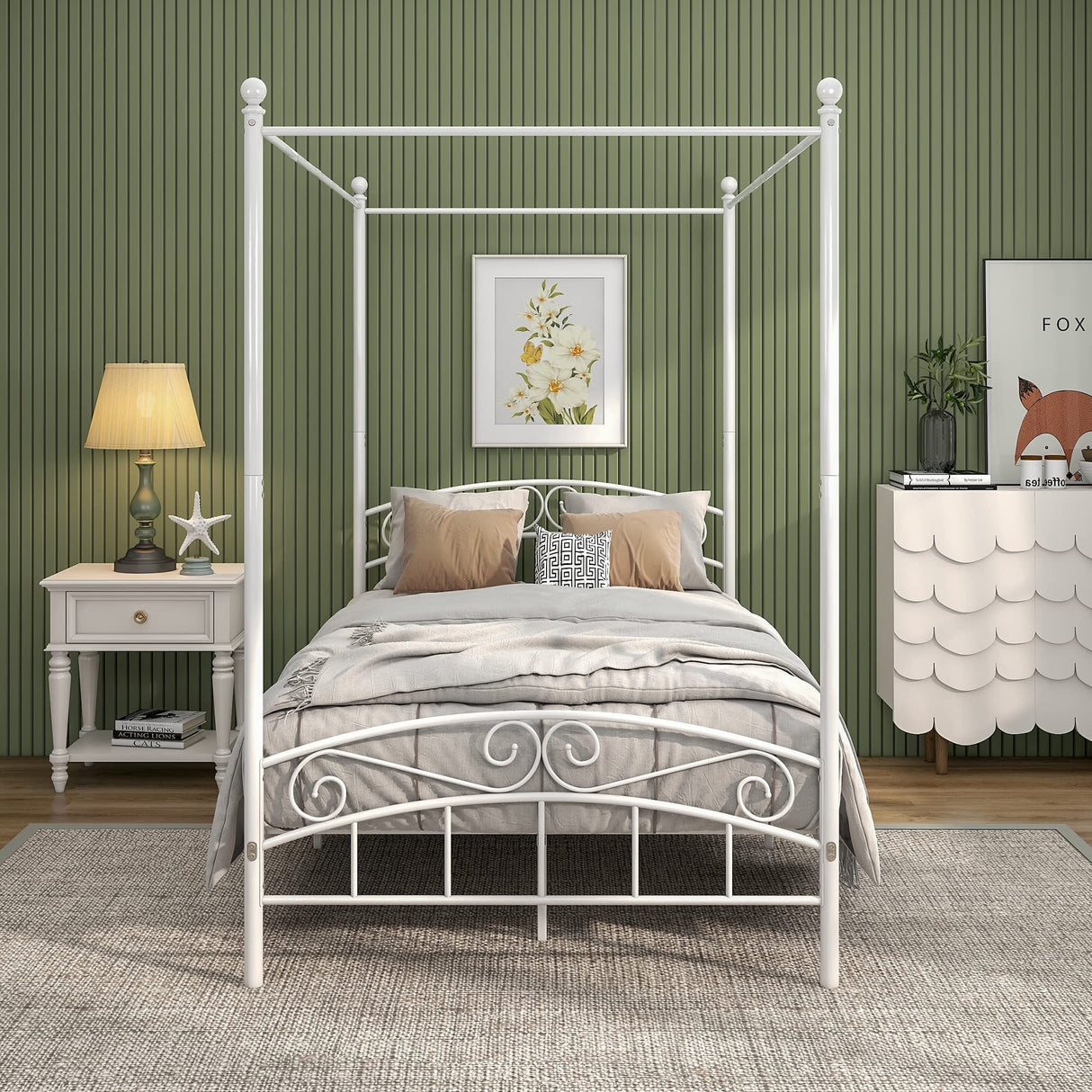 JURMERRY Metal Canopy Bed Frame Four-Poster Bed with Headboard & Footboard Mattress Foundation Sturdy Slatted Structure No Box Spring Needed Easy Assembly,Full White JURMERRY