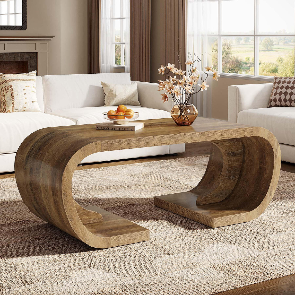 Tribesigns Farmhouse Coffee Table, 47" Heavy Duty C-Shaped Center Table with Curved Base, Large Tea Table for Living Room, Entertainment Room, Home Office, Rustic Brown Tribesigns