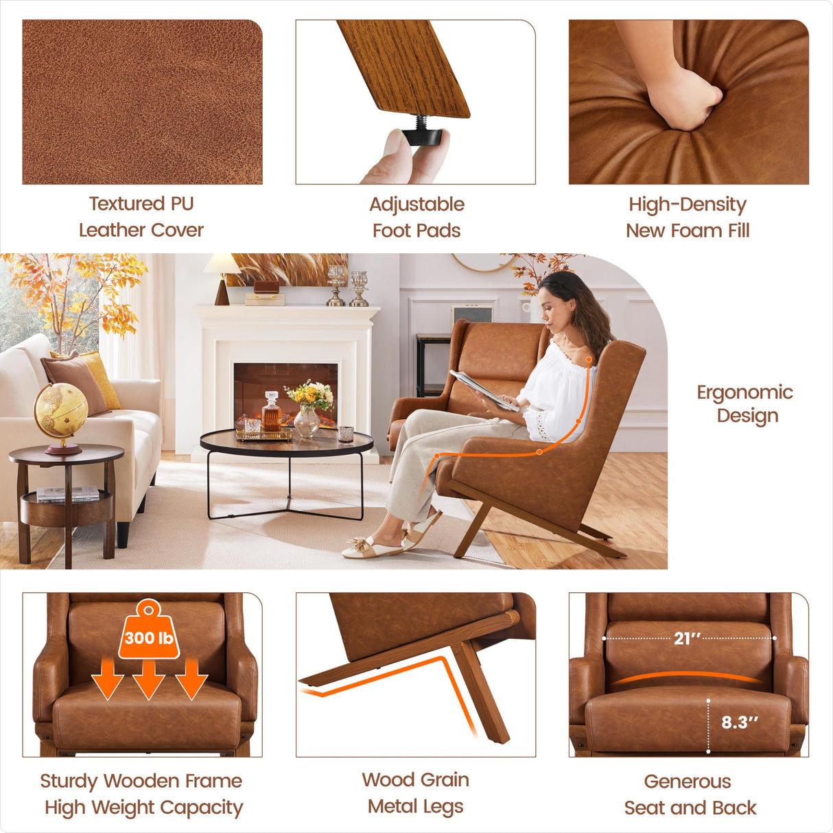 Yaheetech Brown Accent Chair, PU Leather Armchair High Wide Backrest, Oversized Recliner Chair Thick Seat Cushion for Office Reception Room Reading Nook, Brown Yaheetech