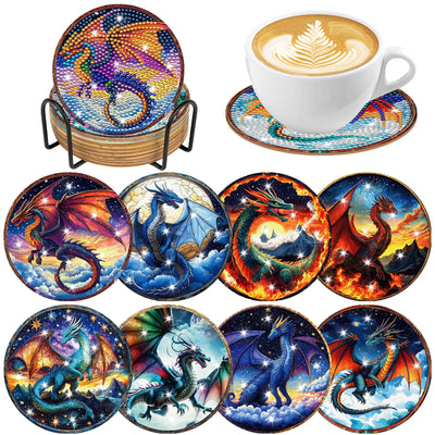 Dragon Diamond Art Coasters Kit: 8 Pcs Fantastic Dragon Diamond Painting Coasters with Holder and Cork Pads, DIY Coaster Craft Set for Adults Beginners Home Decor Gifts
