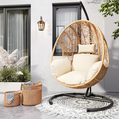 LUTINLIX Oversized Hanging Egg Chair Outdoor Indoor, Wicker Swing Egg Chair with Stand 400lbs Capacity for Bedroom, Patio, Garden and Balcony (Beige-nest, Oversize)