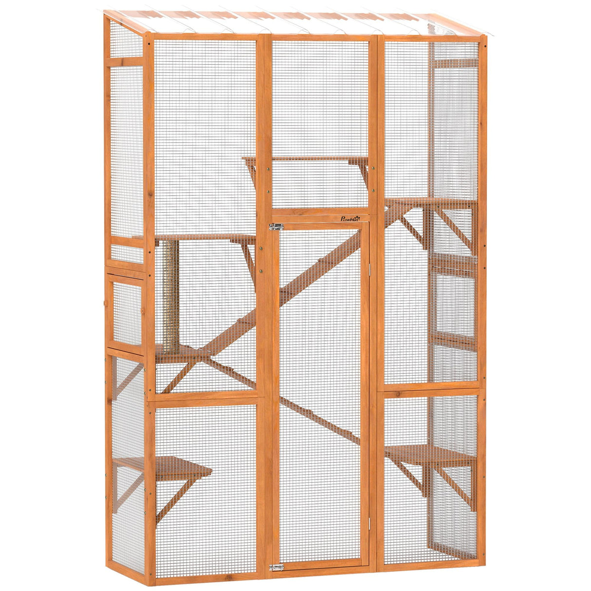 PawHut Outdoor Catio Cat Enclosure, Large Wooden Cat House with 6 Jumping Platforms, Scratching Post, 2 Ramps, Waterproof Roof, Cat Cage Window Access for 2-3 Kittens, 99" H, Orange PawHut