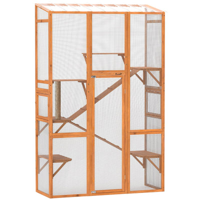 PawHut Outdoor Catio Cat Enclosure, Large Wooden Cat House with 6 Jumping Platforms, Scratching Post, 2 Ramps, Waterproof Roof, Cat Cage Window Access for 2-3 Kittens, 99" H, Orange