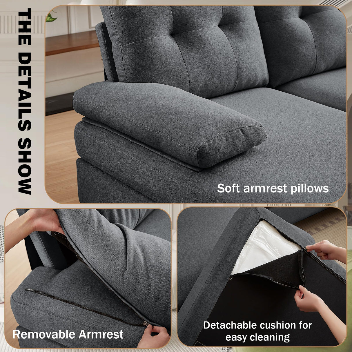 Chireca 111" Sectional Couch for Living Room, Modern Polyester Fibre U Shaped Sofa Couches with Double Chaise, Upholstered 4 Seater Sofa for Living Room, Apartment, Office, Dark Grey Chireca