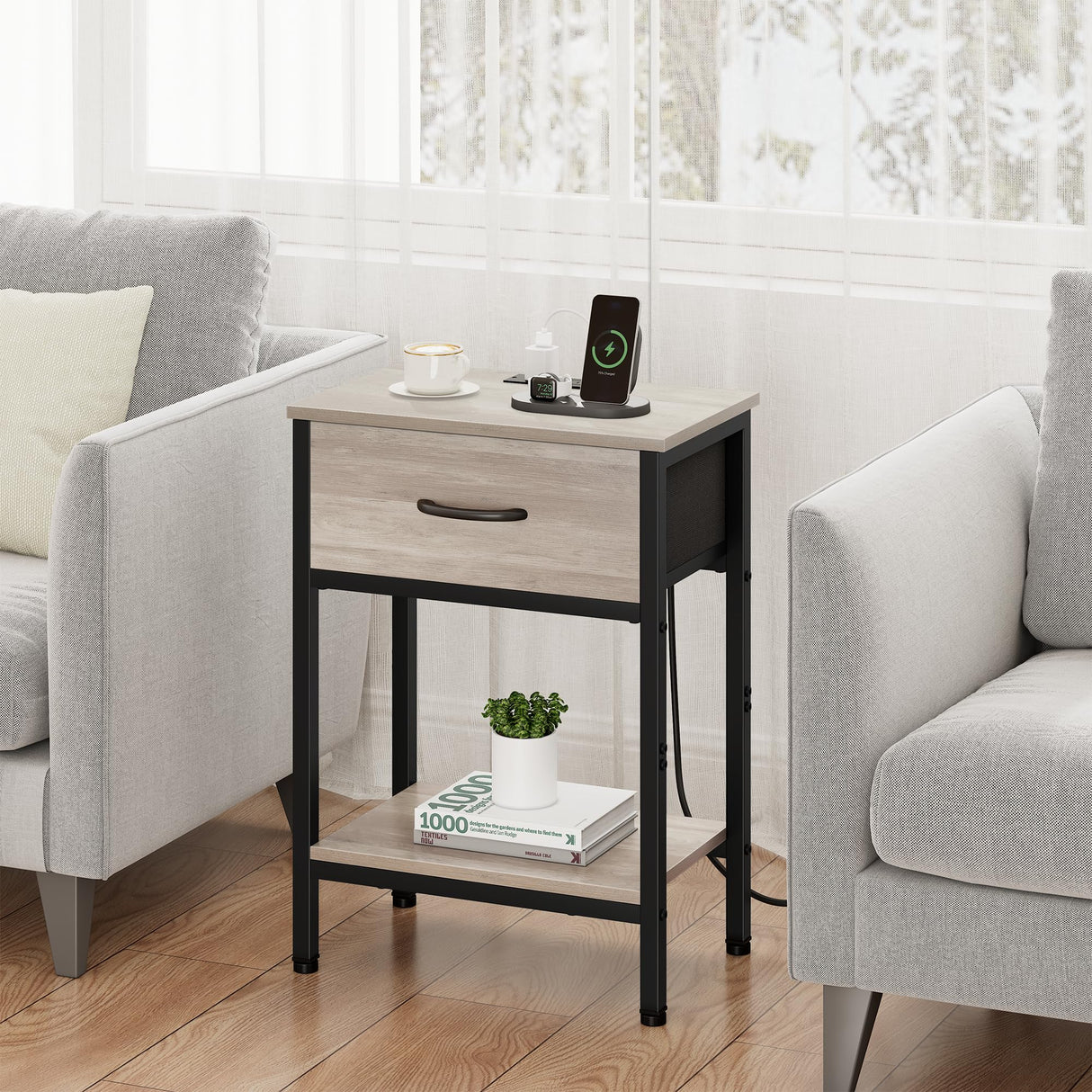 Vagusicc Nightstand Set of 2 with Charging Station, Bed Side Table with Fabric Drawer, Small End Table with 2-Tier Storage Shelves, 25.4" Tall Night Stand Bedside Table for Bedroom Living Room, Greige Vagusicc