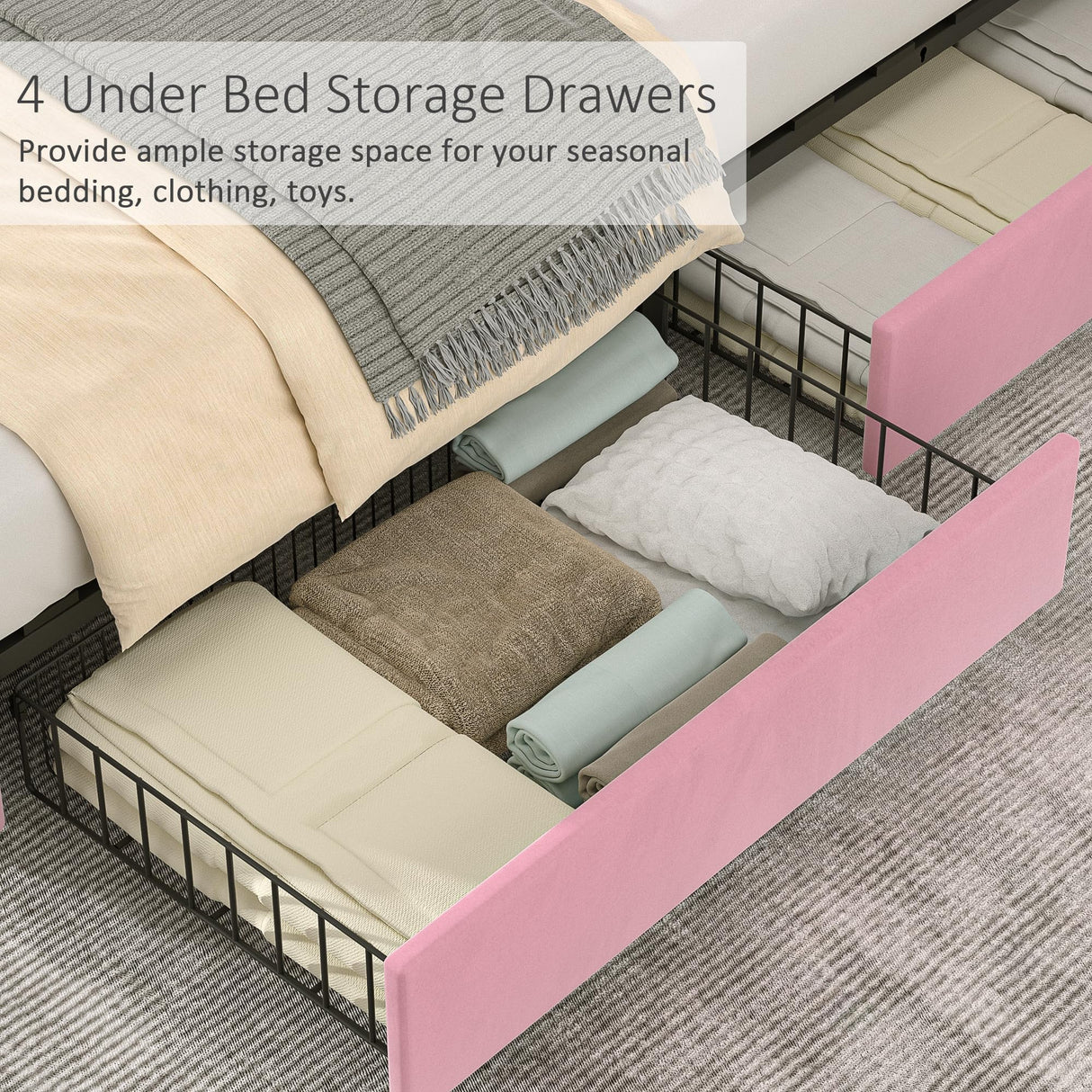 VECELO Queen Size Upholstered Platform Bed Frame with 4 Storage Drawers, Adjustable Velvet Rivets Headboard, Wooden Slats Support, No Box Spring Needed, Easy Assembly VECELO