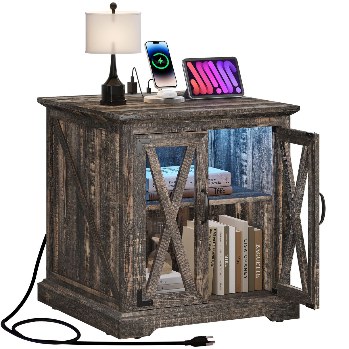 YITAHOME End Table, Farmhouse Sofa Side Coffee Table with Charging Station and LED Lights Bedside Table, Nightstand Storage for Living Room, Bedroom, Office, Dark Rustic Oak YITAHOME