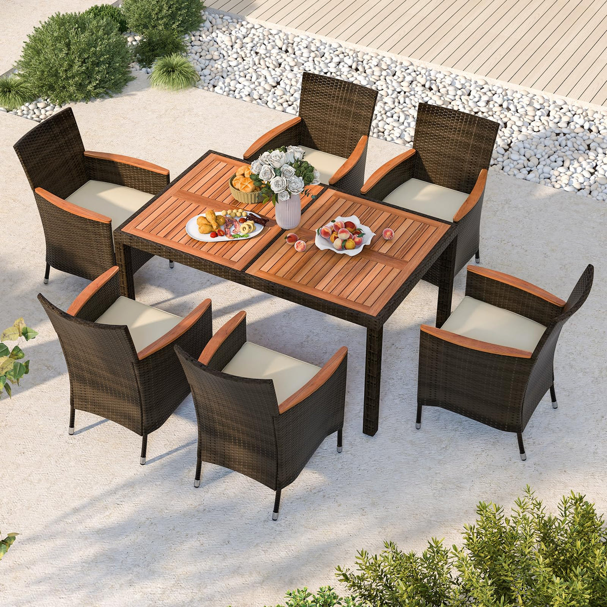 HAPPYGRILL 7 Pieces Rattan Wicker Patio Dining Set, Outdoor Dining Set with Cushions, Large Dining Table with Acacia Wood Top, Outside Dining Furniture Set with Umbrella Hole HAPPYGRILL