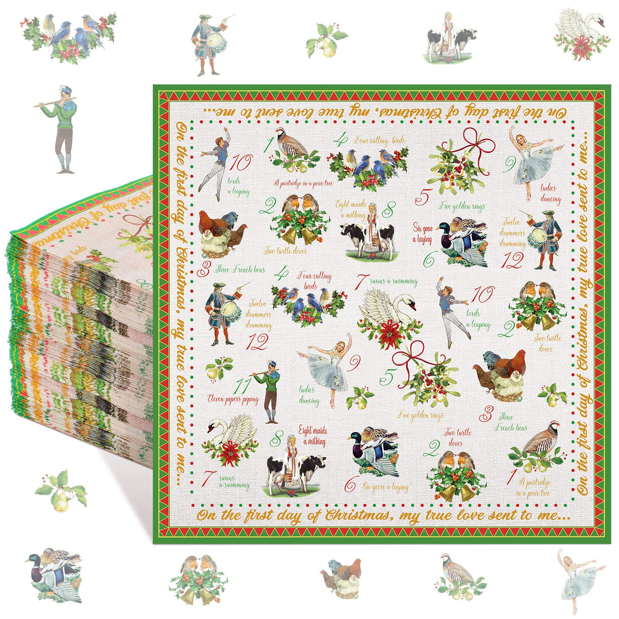 Geyee 100 Pcs 12 Days of Christmas Napkins Holiday Paper Napkin Disposable Guest Funny Towel Cocktail 2 Ply Xmas Decoupage Napkins Bulk Geyee