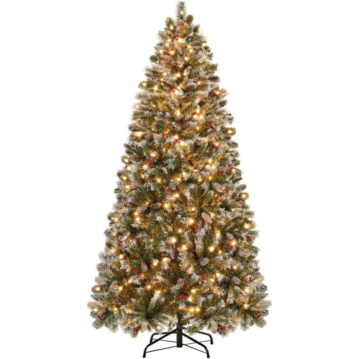 Yaheetech 6ft Pre-lit Frosted Artificial Hinged Christmas Tree with 818 Flocked PVC Tips,62 Pine Cones,62 Holly Berries & 250 Warm White Lights,Foldable Stand,Green Yaheetech