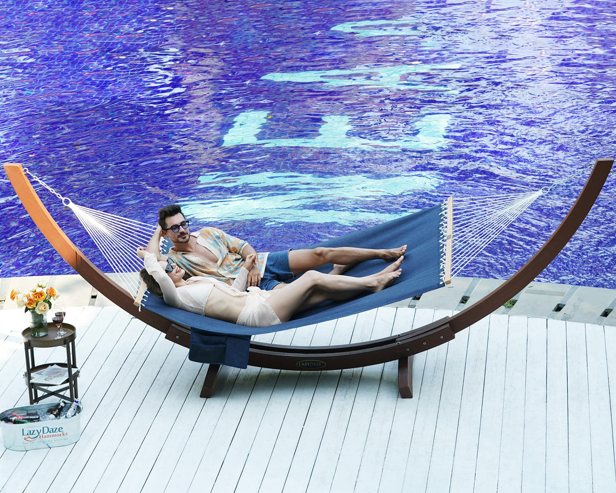 Lazy Daze Hammocks 11 FT Double Outside Hammock Quick Dry Olefin Fabric Hammock with Spreader Bar & Side Pocket for Outdoor Poolside Backyard 450 lbs Capacity, Navy Blue Lazy Daze Hammocks