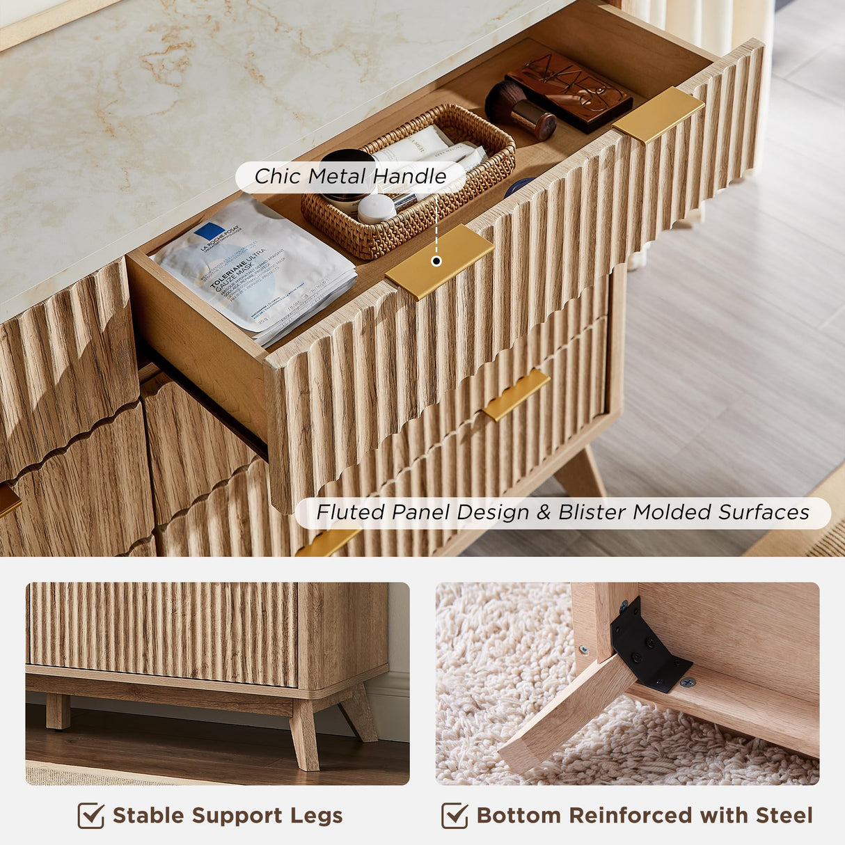 T4TREAM Fluted 8 Drawers Dresser, 54" Wide Modern Chest of Drawers with Faux Marble Top, Curved Profile Design, Dresser TV Stand, Wood Drawer Organizer for Bedroom, Living Room, Hallway, Natural Oak T4TREAM