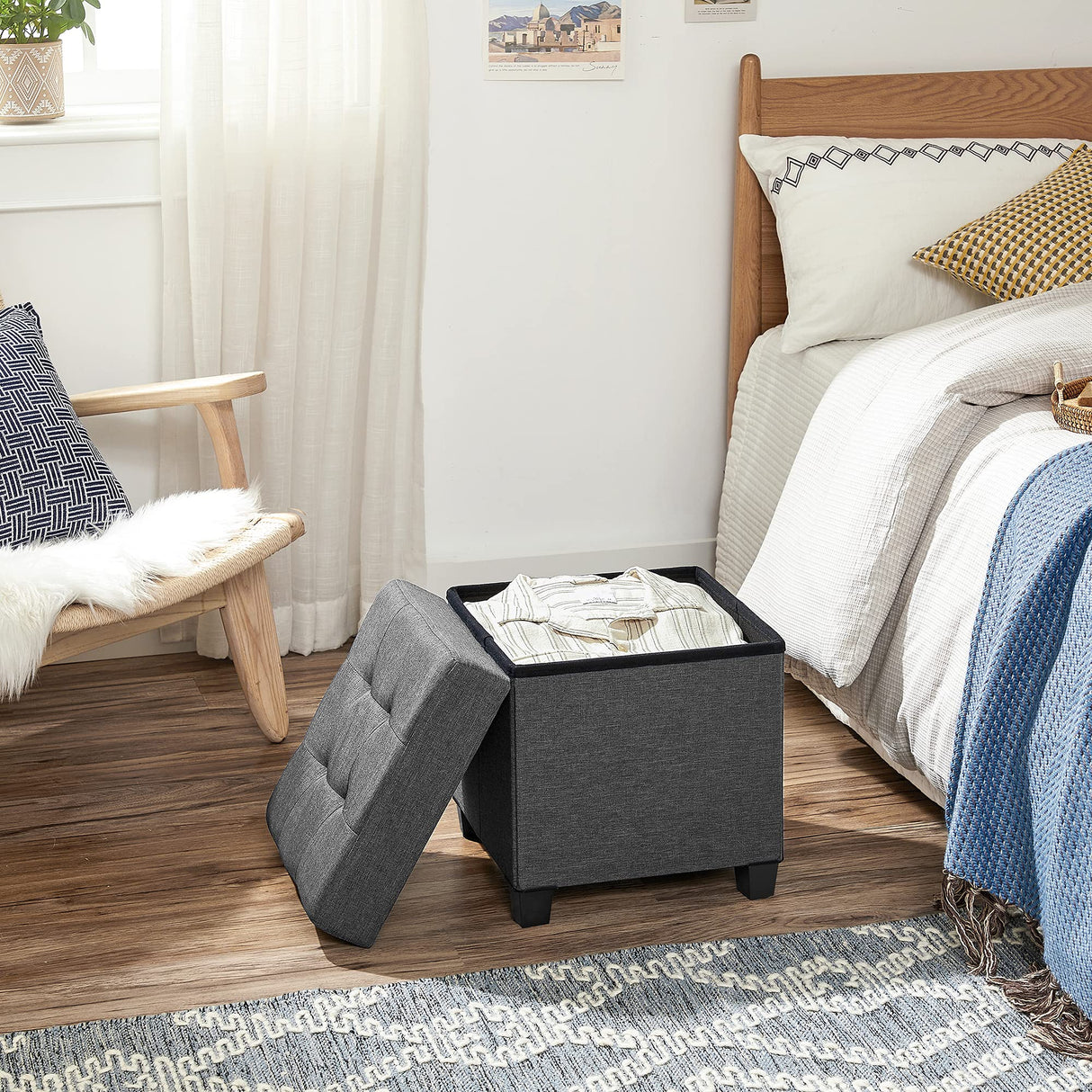 SONGMICS 15 Inches Cube Storage Ottoman, Bedroom Bench with Storage, Foot Stool with Feet, Holds Up to 660 lb, Dark Gray ULSF14GYZ SONGMICS