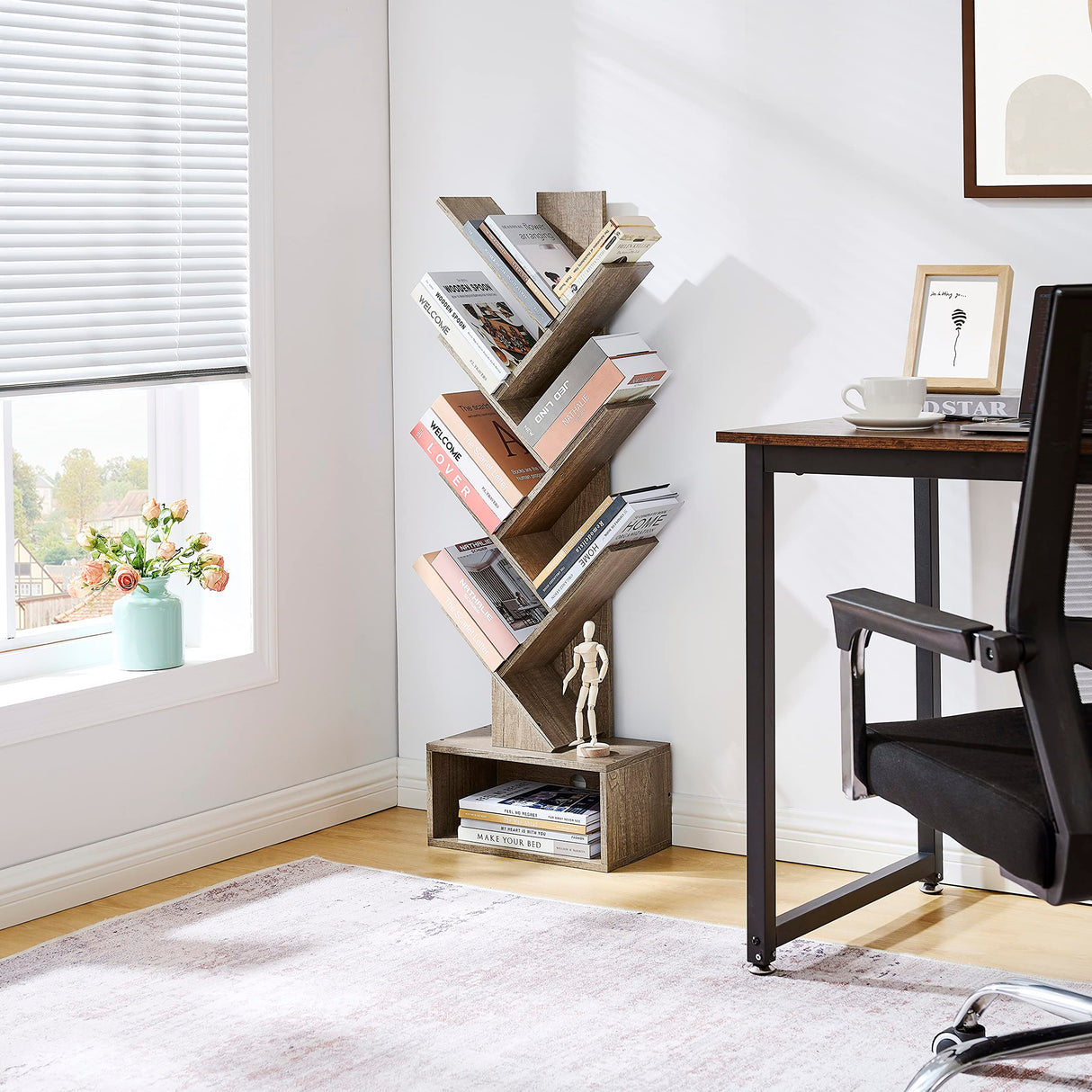 Hoctieon 6 Tier Tree Bookshelf, Tall Bookcase with Drawer, Freestanding Book Shelf, Display Floor Standing Storage Shelf, Book Organizer Shelves for Home Office, Living Room, Bedroom, Greige Hoctieon