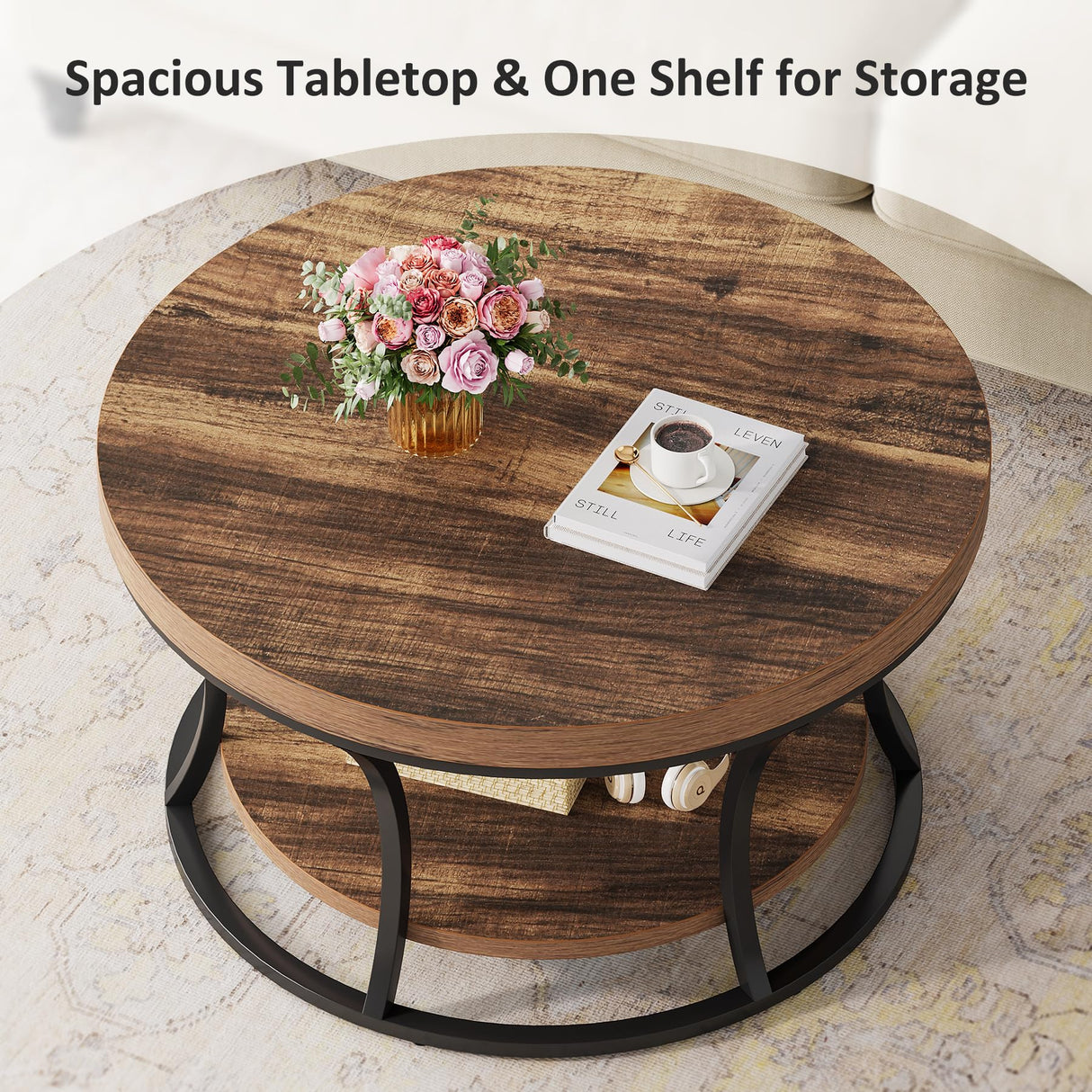 Condemo Round Coffee Table for Living Room, 2-Tier Circle Coffee Table with Storage, Accent Center Table Modern Design, Rustic Brown and Black Condemo