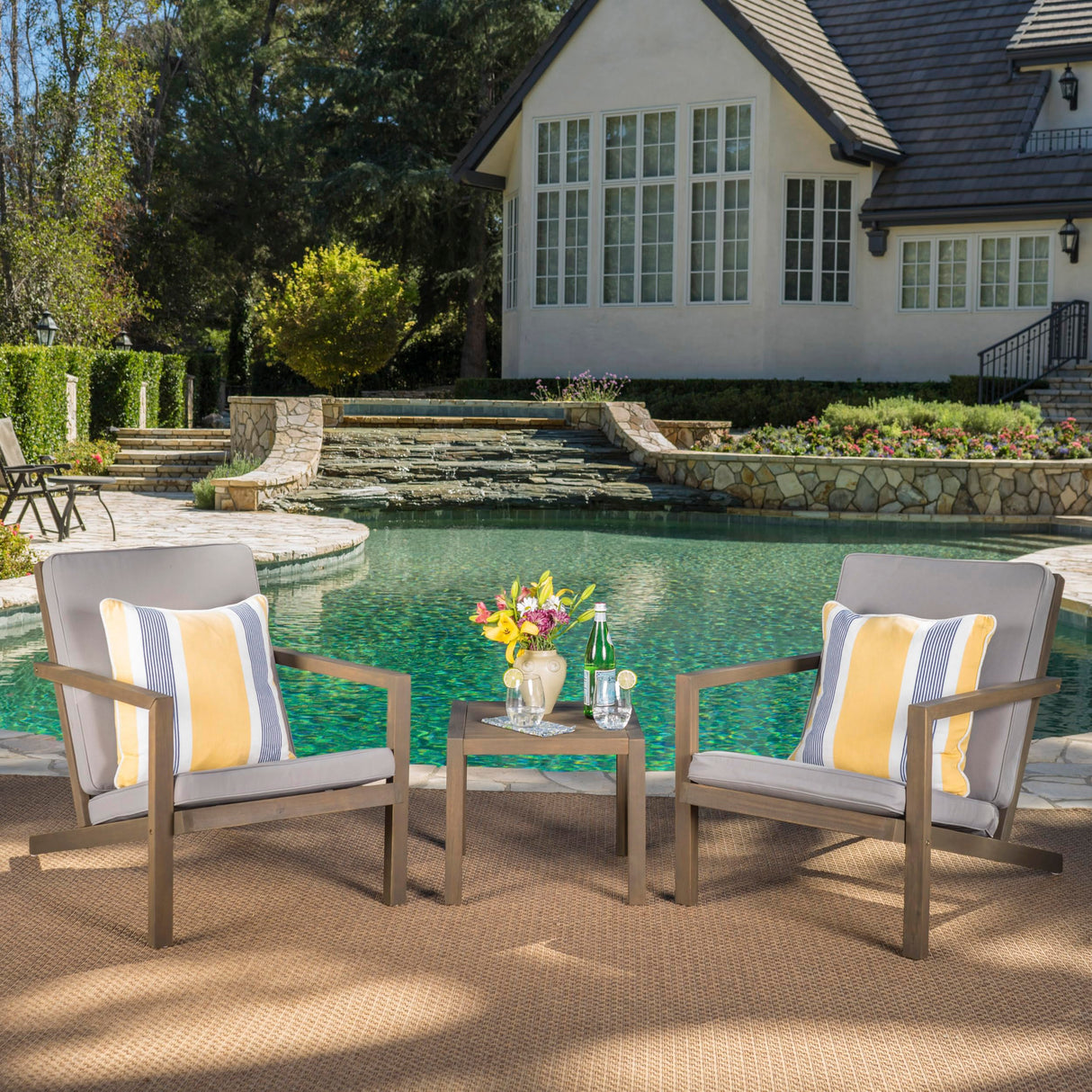 Christopher Knight Home Leah Outdoor Acacia Wood Chat Set with Water Resistant Cushions, 3-Pcs Set, Grey Finish / Grey Christopher Knight Home