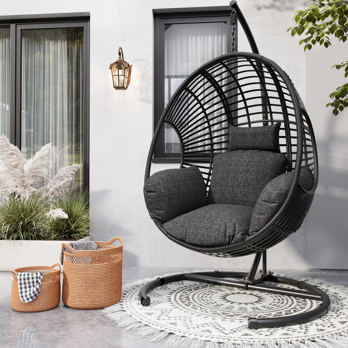 LUTINLIX Oversized Hanging Egg Chair Outdoor Indoor, Wicker Swing Egg Chair with Stand 400lbs Capacity for Bedroom, Patio, Garden and Balcony (Black-Regular, Oversize) LUTINLIX