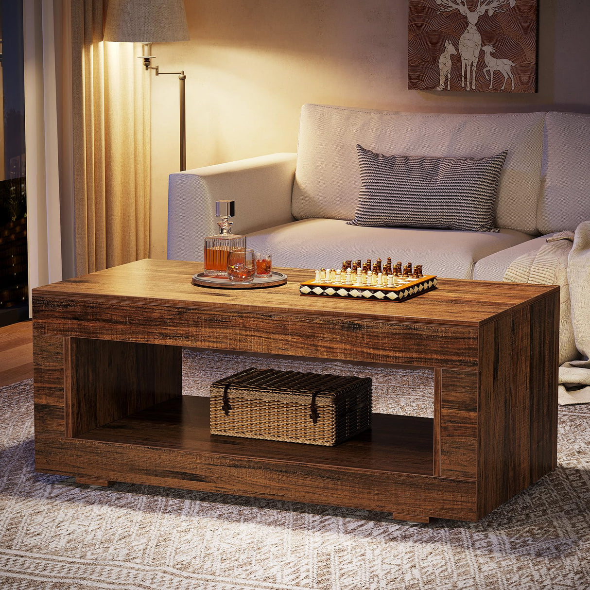 Tribesigns Wood Coffee Table for Living Room, 43.3" Modern Farmhouse Coffee Table with Storage, 2-Tier Rectangular Center Table Cocktail Living Room Table with Sturdy Base, Rustic Brown Tribesigns