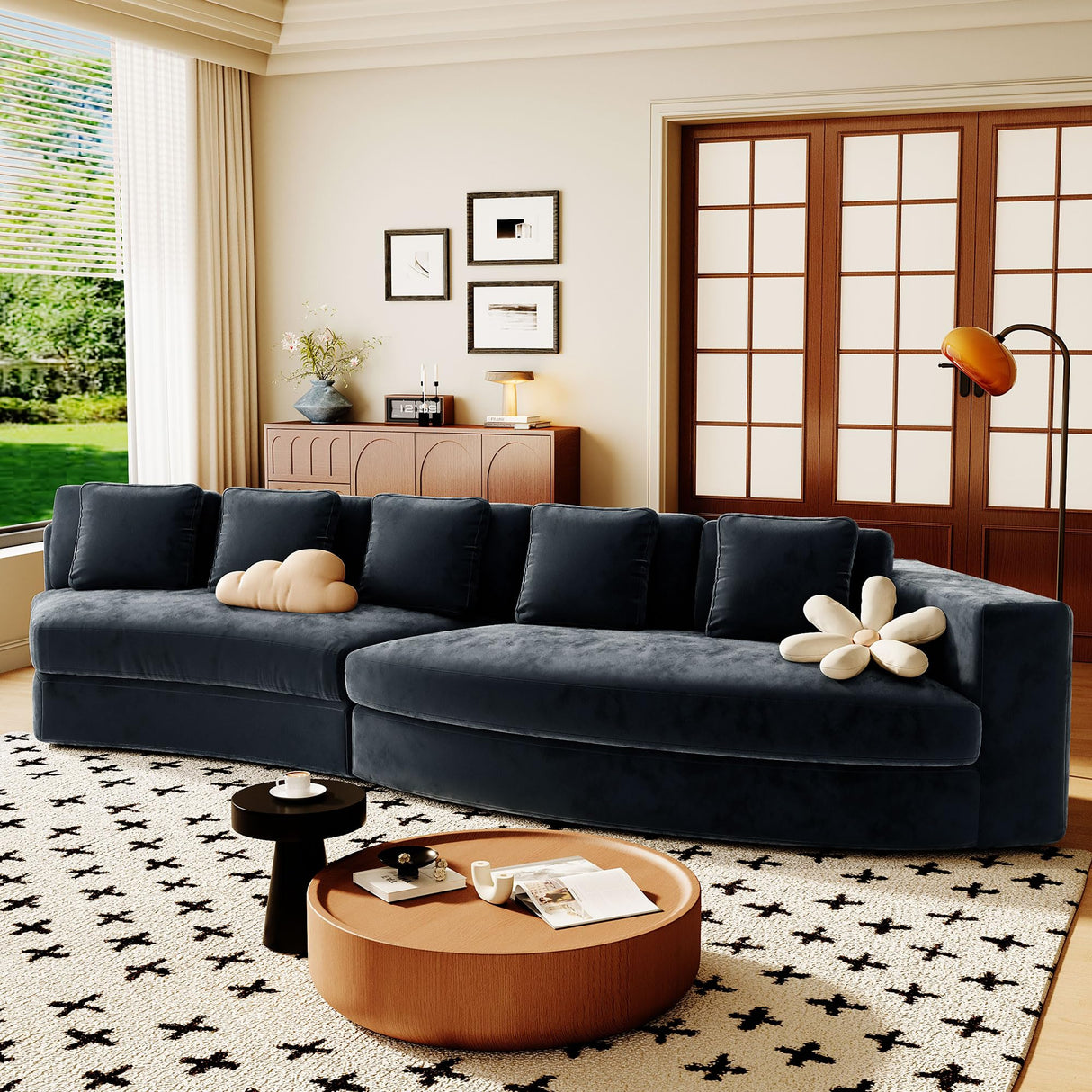 Merax Minimalist Curved Sectional Sofa with Five Throw Pillows, Chenille Upholstered Modular Sleeper Couch for Living Room, Bedroom, Guest Rooms, No Assembly Required, Navy Blue Merax