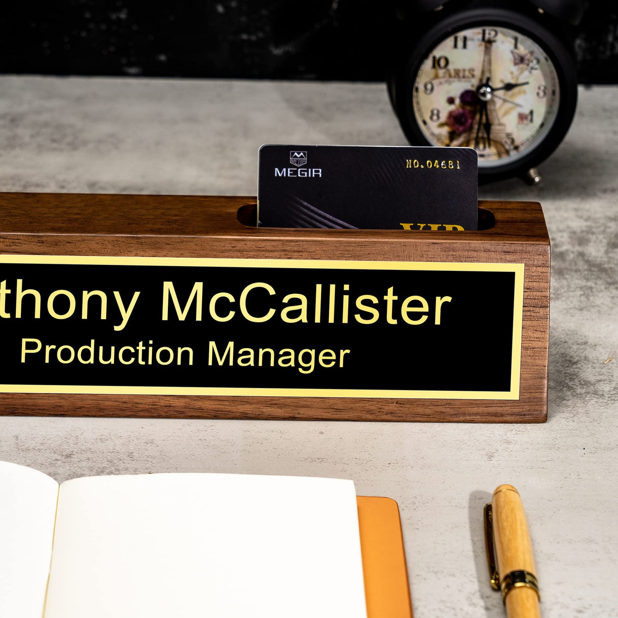 Custom Name Plate for Desk with Card Holder, Business Wood Desktop Name Holder Personalized, Office Desk Gold Decor Accessories, Gifts for Colleague KWOOD