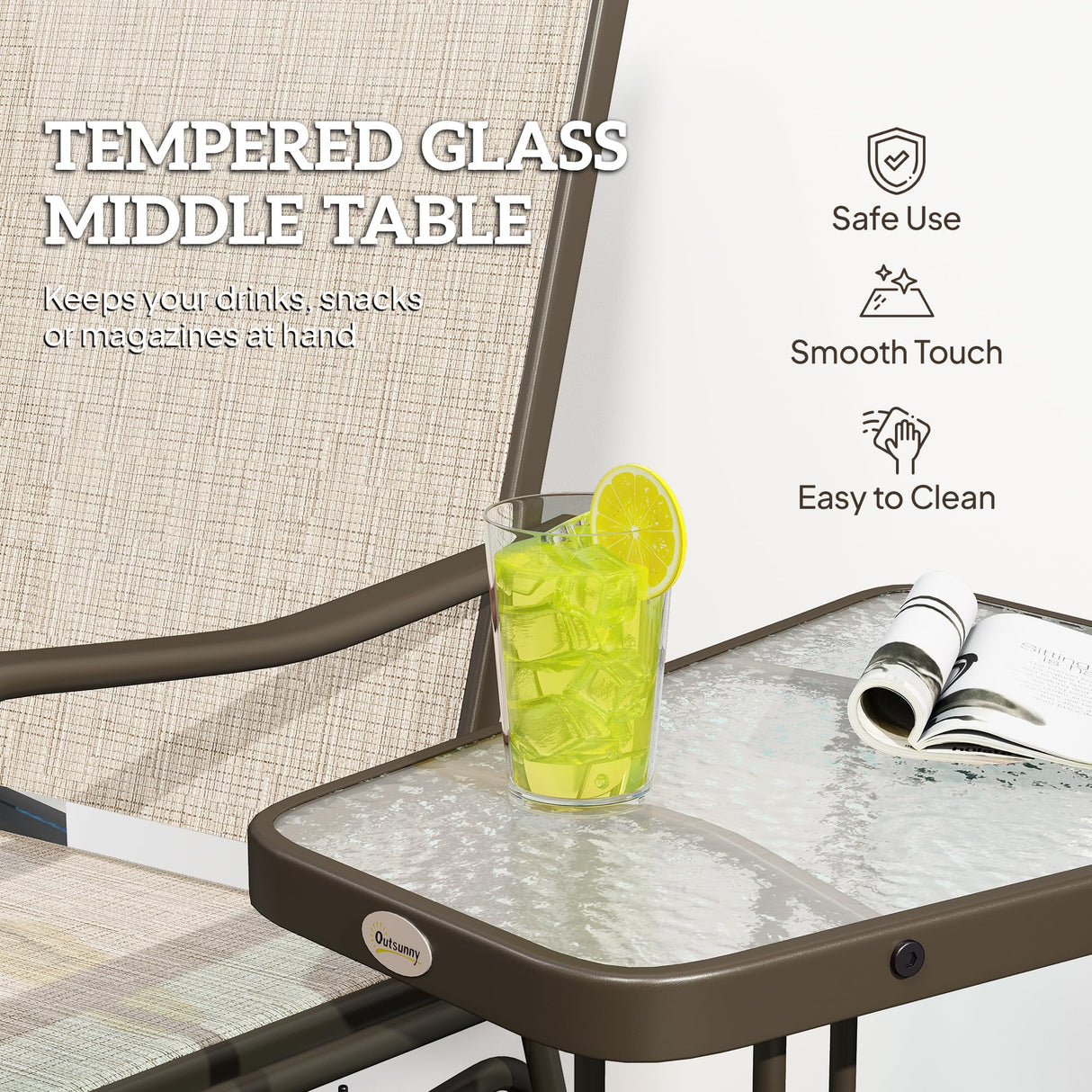 Outsunny Outdoor Glider Chairs with Coffee Table, Patio 2-Seat Rocking Chair Swing Loveseat with Breathable Sling for Backyard, Garden, and Porch, Light Brown Outsunny