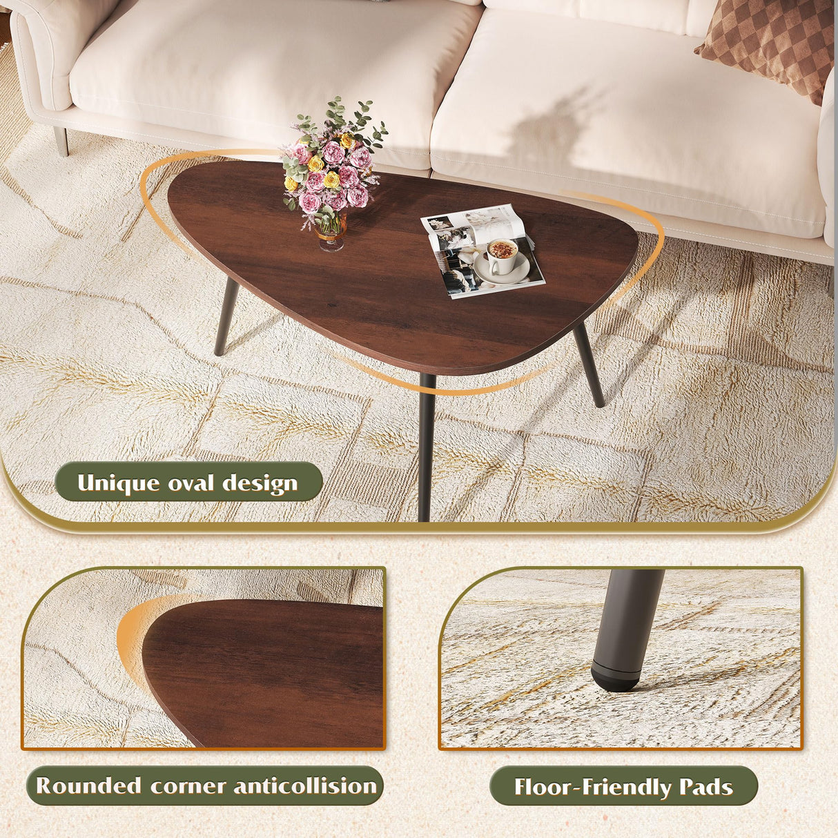 WLIVE Oval Coffee Tables, Modern Coffee Table for Living Room, Coffe Table for Small Space Home Office, Easy Assembly, 33.5" W x 18.9" D x 18.7" H, Espresso WLIVE