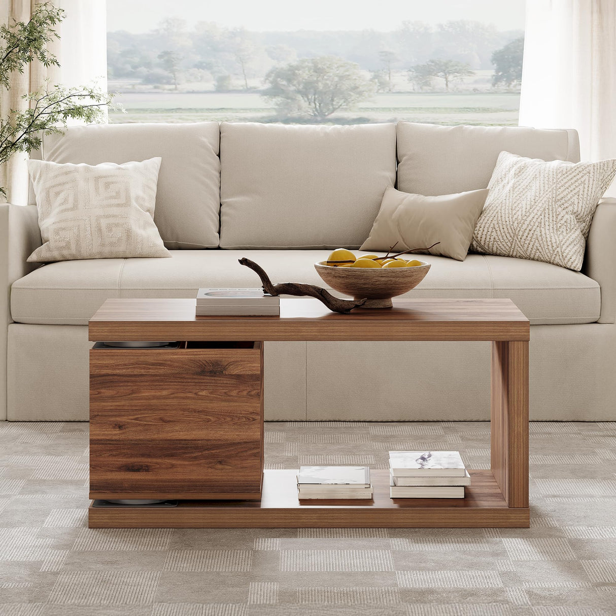 Yechen Modern Coffee Table with Hidden Storage, 1.4" Thick Long Expandable Rotating Coffee Table, Wood Rectangle Cocktail Table for Living Room,Walnut Yechen