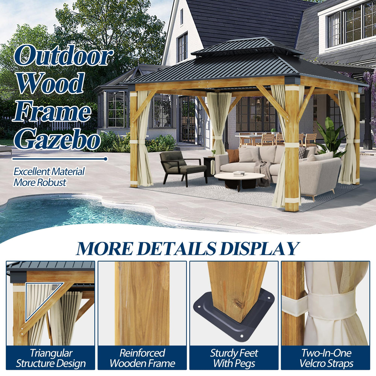 COVERONICS 11FT x 13FT Outdoor Cedar Wooden Gazebo - Patio Wood Frame Gazebo with Galvanized Steel Hardtop, Heavy-Duty Hardtop Gazebo with Netting & Curtains for Garden, Poolside, Deck, Backyard COVERONICS