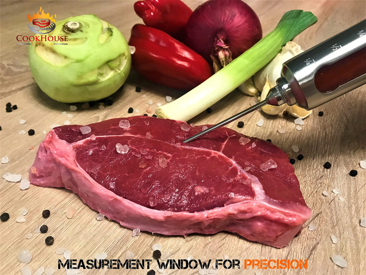 Meat Injectors for Smoking - Stainless Steel Marinade Injector Kit with Case and Window for BBQ, Grilling - 3 Syringe Needles for Injection of Flavor, Sauce - Food Injector for Turkey, Beef, Brisket CookHouse Empire