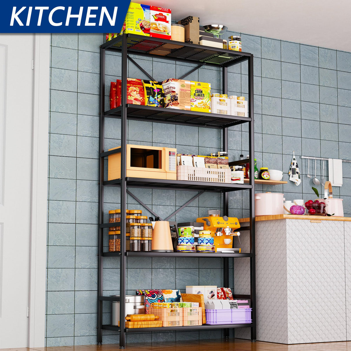 5-Tier Heavy Duty Garage Shelving Unit,Standing Storage Shelf,Metal Wire Rack Shelf Suitable for Laundry Rooms,Bathrooms,Kitchen Storage Rooms,Wardrobes(Black,37.8L x 14W x 65.7H) Soywey