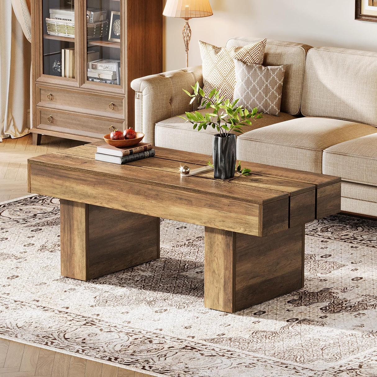 Tribesigns Rectangle Coffee Table, 47.24" Farmhouse Center Table with Slat Tabletop & Thick Base, Rustic Wooden Cocktail Tea Table for Living Room Apartment, Brown Tribesigns