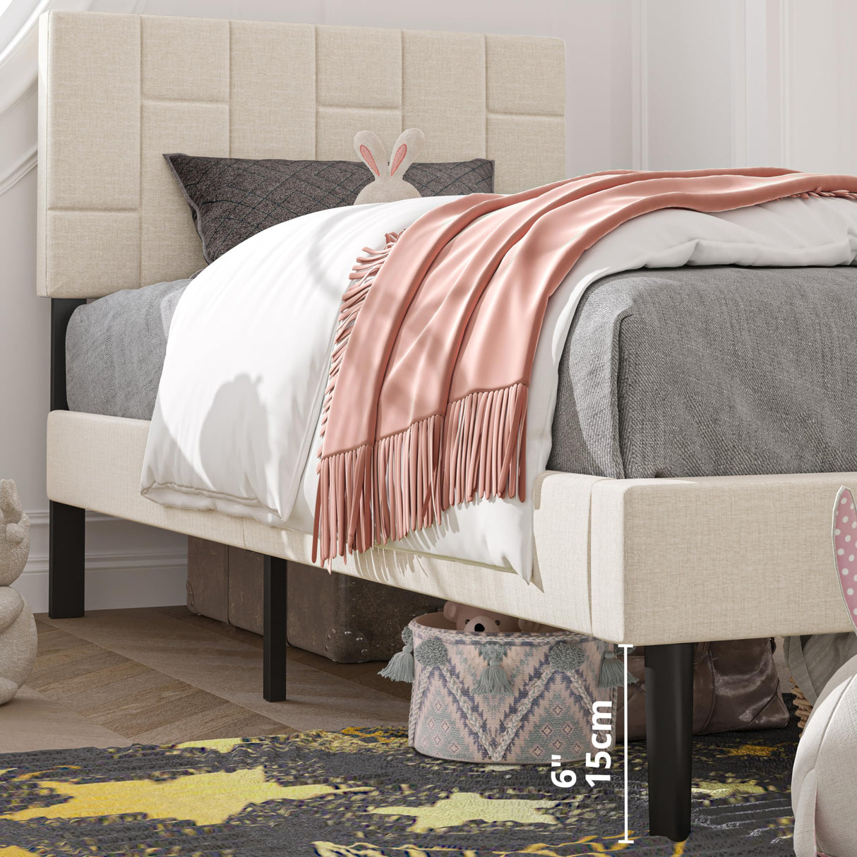 LIKIMIO Twin Bed Frame with Headboard, Modern Upholstered Platform Bed with Headboard and Wood Slat Support, Noise-Free, No Box Spring Required, Beige LIKIMIO