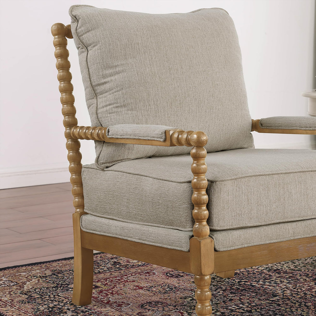 Morden Fort Linen Fabric Spindle Accent Chair with Wood Frame, French Style Accent Chairs with Padded Spring Seat and Armrest Pads, Brushed Base for Living Room Bedroom Farmhouse Office Balcony(Beige) Morden Fort