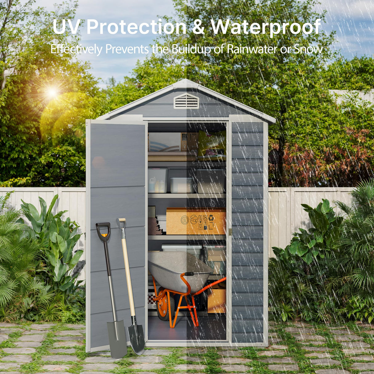 Gizoon 6x4 FT Outdoor Storage Shed with Floor, Resin Garden Tool Shed with Lockable Doors, Window, Vents, Reinforced Steel Frame, Waterproof Plastic Storage Sheds for Backyard, Patio, Lawn Gizoon