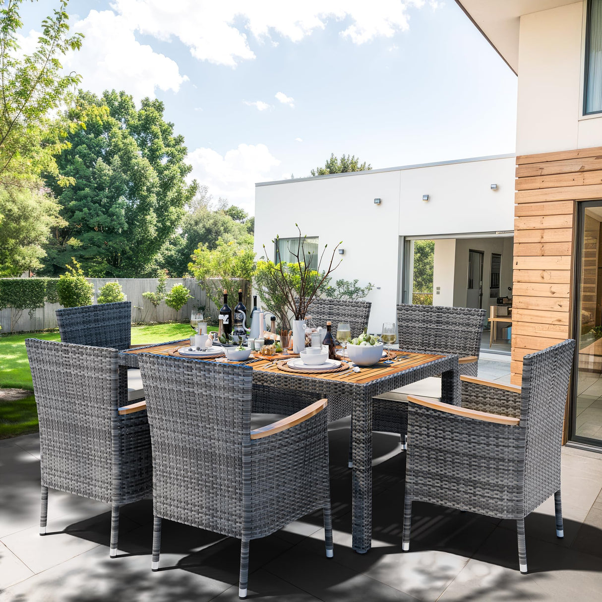 Shintenchi 7 Piece Patio Dining Set, Wicker Patio Conversation Set with Wooden Table Top, Outdoor Table and Chairs with Soft Cushions for Backyard, Deck and Garden, Grey Wicker Shintenchi