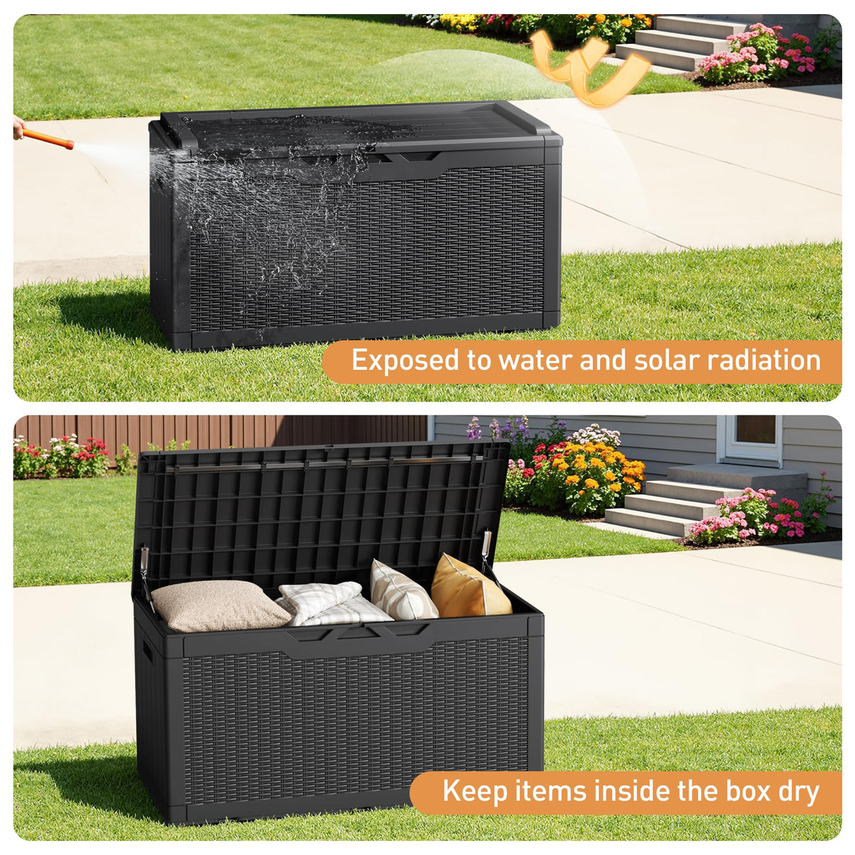 Greesum 100 Gallon Resin Deck Box Large Outdoor Storage Boxes with Cushions for Garden Tools, Patio Furniture Pillows, Pool Supplies, Black Greesum